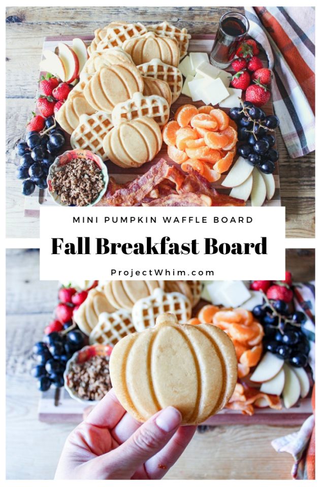 a person holding up a pumpkin waffle board with the words fall breakfast board