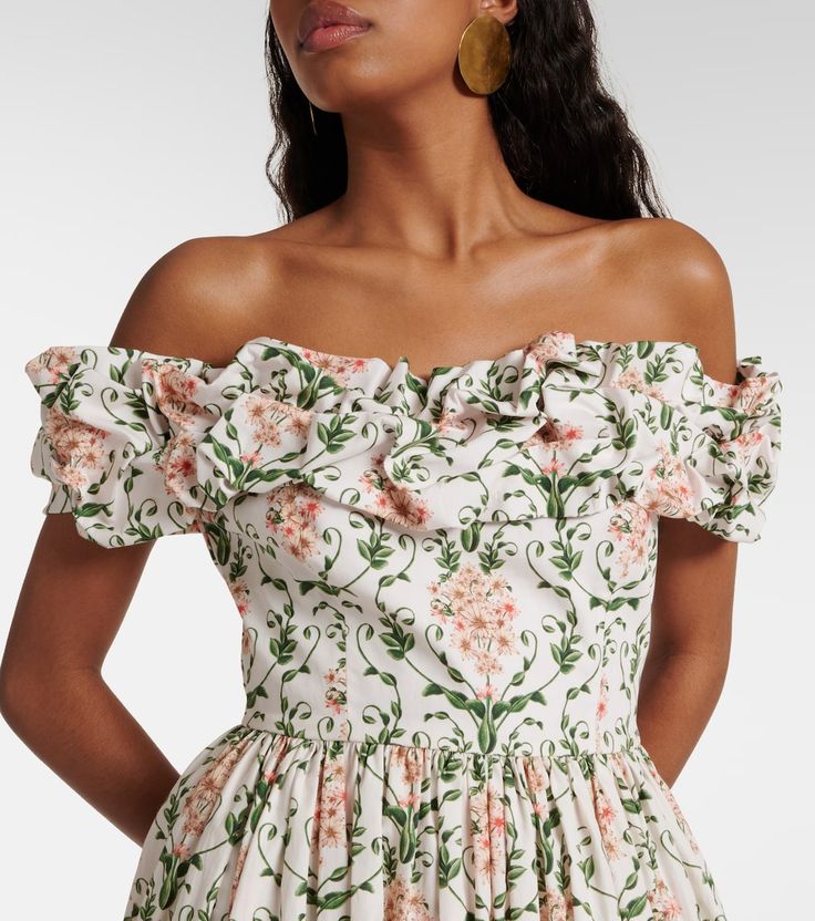 Fitted Cotton Maxi Dress In Feminine Style, Off-shoulder Cotton Midi Dress For Spring, Chic Cotton Floral Dress, Cotton Floral Midi Dress For Garden Party, Floral Cotton Midi Dress With Ruffles, Summer Cotton Off-shoulder Dress, Elegant Off-shoulder Cotton Midi Dress, Feminine Cotton Maxi Dress, Chic Cotton Floral Print Dress