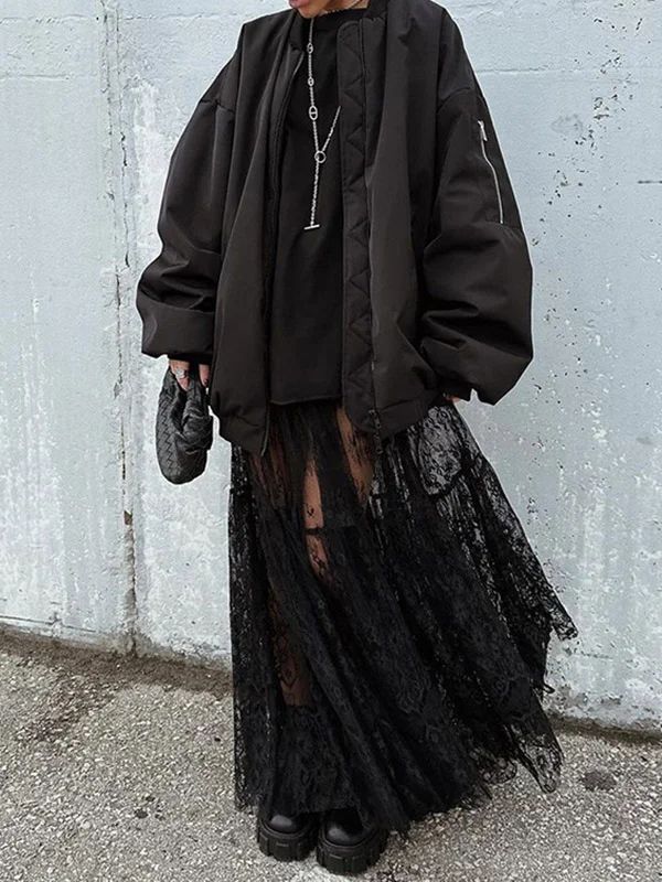 UOOZEE Maxi Skirt 2024, Long Sheer Skirt, Black Streetwear Skirt For Fall, Black Skirt For Fall Streetwear, Gothic Streetwear Skirt For Spring, Gothic Style Skirt For Spring Streetwear, Gothic Spring Streetwear Skirt, Black Winter Streetwear Skirt, Long Black Lace Skirt Outfit