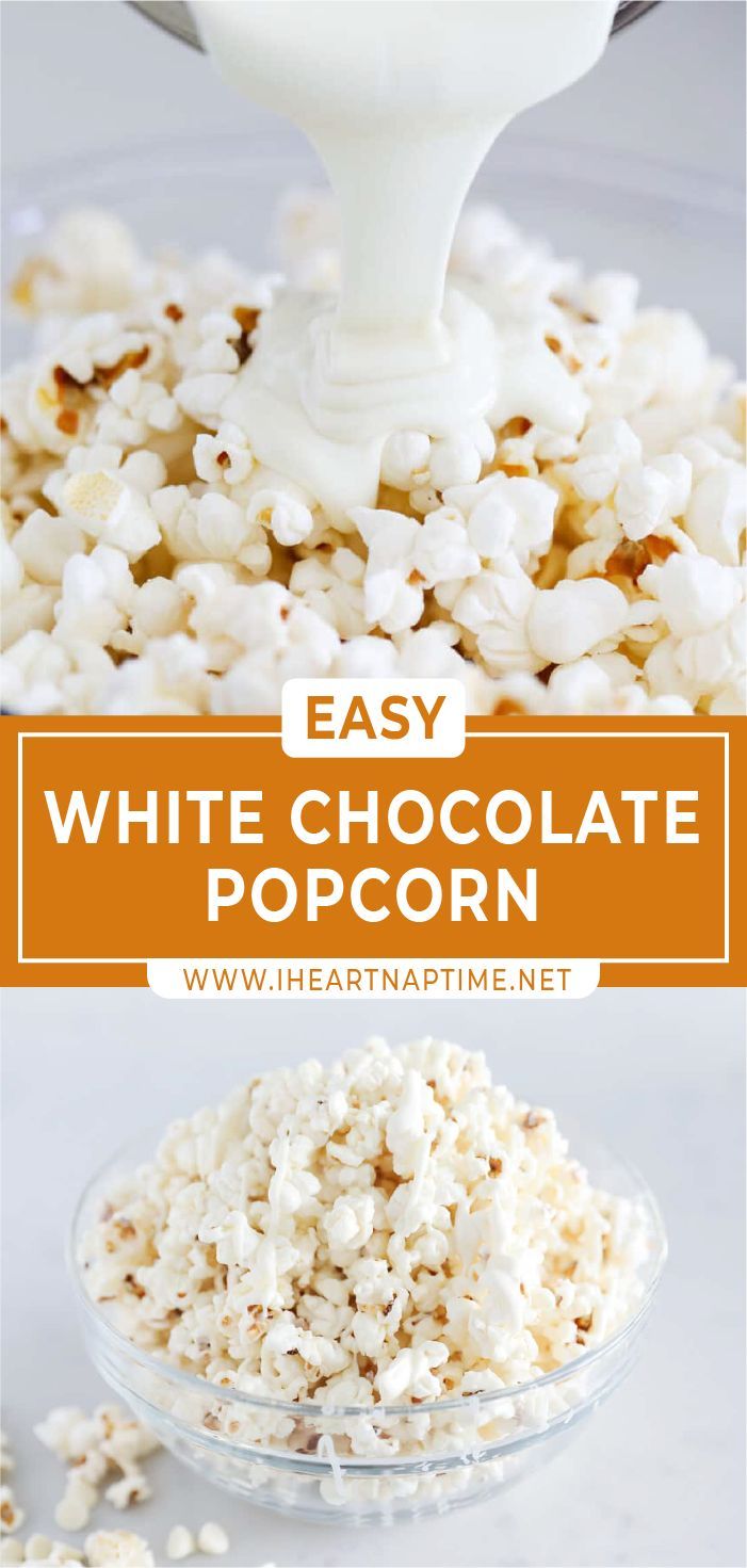 white chocolate popcorn is being poured into a glass bowl and then topped with marshmallows