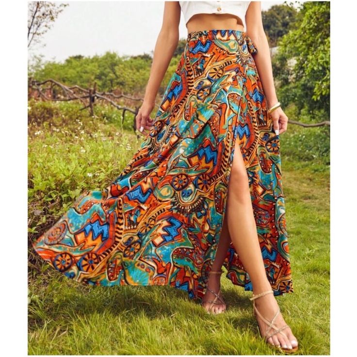 Boho Gypsy Festival Print Tie Maxi Skirt S M L Xl, 100% Viscose , Ships In 7-8 Days Flowy Hippie Maxi Skirt For Vacation, Hippie Boho Print Maxi Skirt For Vacation, Vacation Hippie Maxi Skirt With Boho Print, Fitted Bohemian Wrap Skirt For Summer, Spring Festival Boho Print Maxi Skirt, Boho Print Long Skirt For Vacation, Bohemian Fitted Bottoms For Festivals, Bohemian Maxi Skirt For Vacation With Lined Skirt, Bohemian Lined Maxi Skirt For Vacation