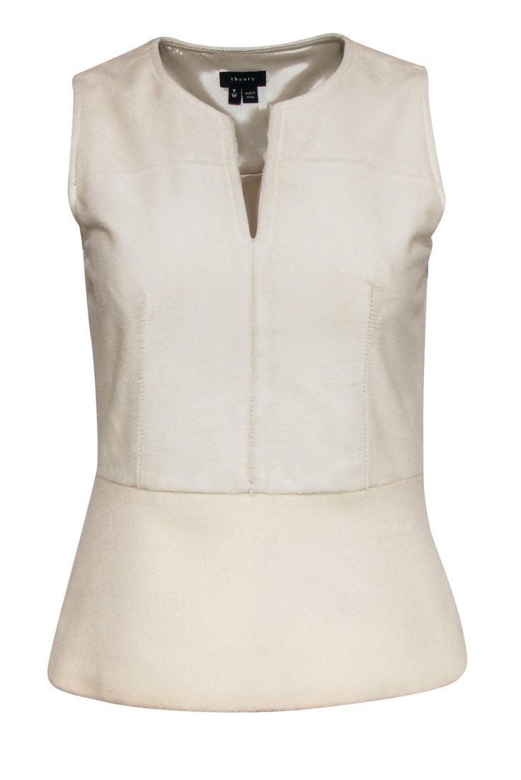 Current Boutique-Theory - Cream Calf Fur Tank w/ Peplum Sz P White Fitted Structured Top, Elegant Winter White Workwear Tops, Elegant Winter White Tops For Workwear, Elegant Off-white Tops For Work, Fitted Beige Top For Business Casual, Chic Spring Tops In Winter White, Classic Winter White Tops For Workwear, Chic Winter White Tops For Work, Chic Winter White Tops