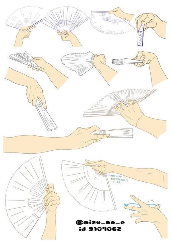 the hands are holding different types of paper fans