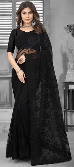 Black and Grey color Saree in Net fabric with Embroidered, Moti, Resham, Stone, Thread work Elegant Black Embroidered Saree Fabric, Black Semi-stitched Embroidered Fabric With Pallu, Black Anarkali Semi-stitched Saree, Black Embroidered Traditional Drape Blouse, Traditional Drape Embroidered Black Blouse Piece, Black Traditional Wear For Wedding And Diwali, Traditional Black Wear For Wedding And Diwali, Black Zari Embroidered Fabric For Diwali, Black Zari Work Embroidered Fabric For Diwali