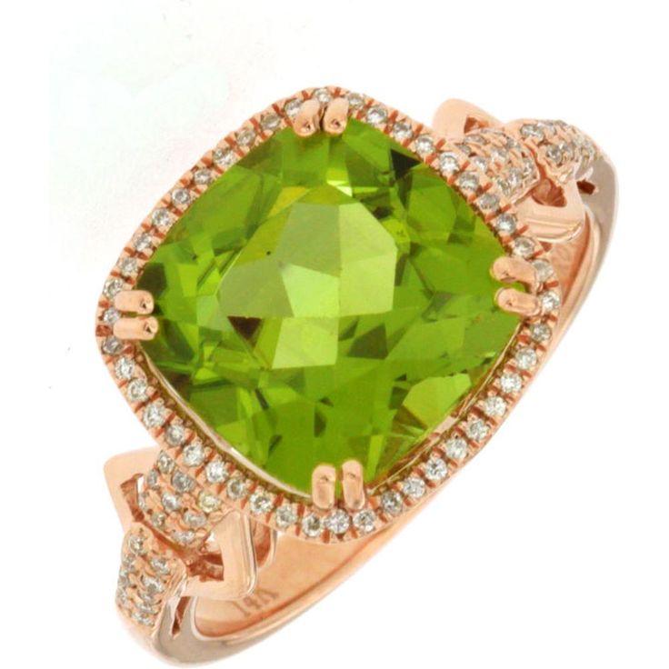 Royal 14K Rose Gold Peridot & Diamond Ring - 4.20 Carat Gemstone Brilliance Peridot Color, Peridot Stone, Rose Gold Band, Royal Jewelry, Gold Band, 4 20, Cushion Cut, Stone Color, Diamond Jewelry