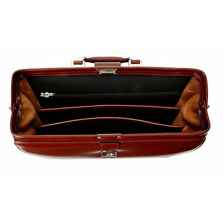 an open brown briefcase on a white background