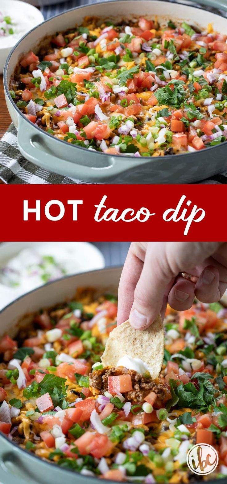 a person dipping a tortilla into a pot full of taco dip