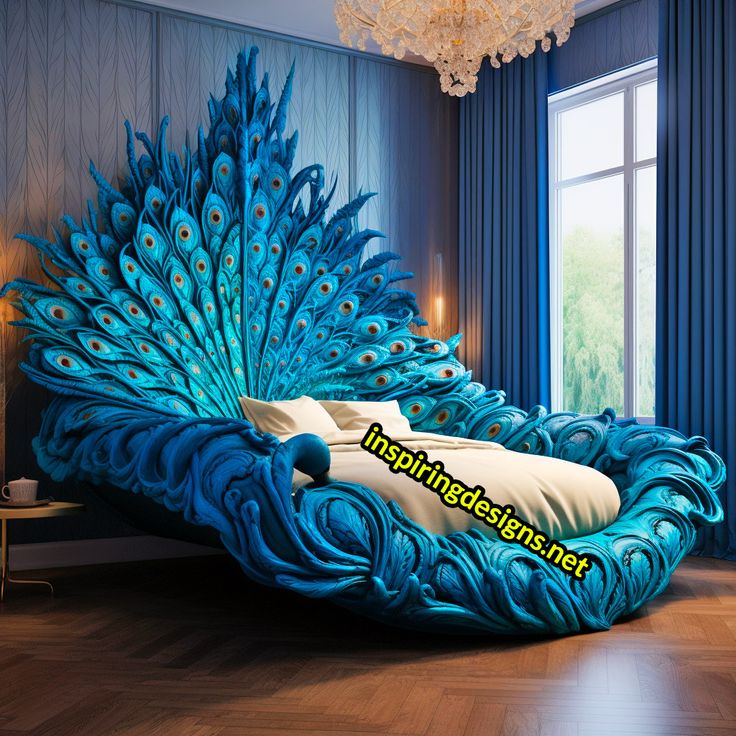 a large peacock bed in the middle of a room