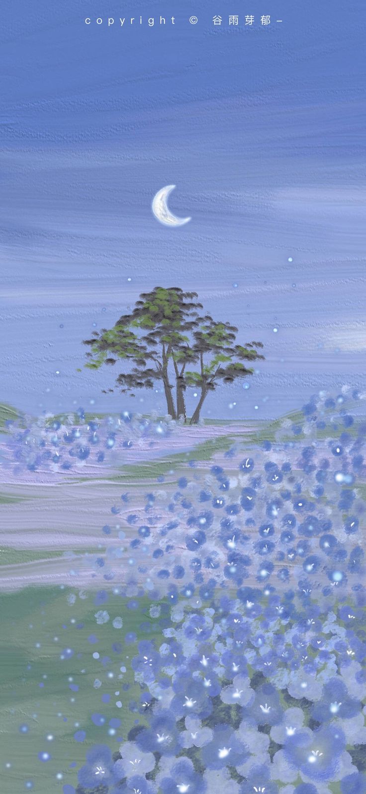 a painting of blue flowers and a tree with the moon in the sky above it