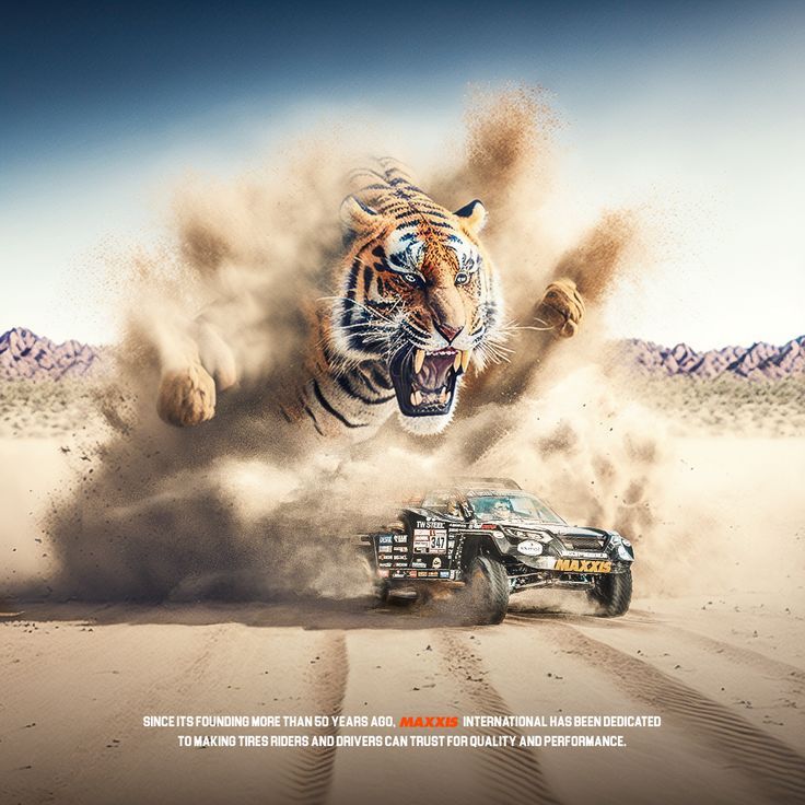 a tiger jumping over a car in the desert