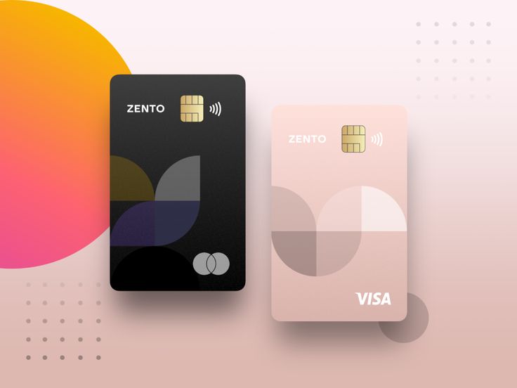 two credit cards sitting next to each other on a pink and orange background with circles