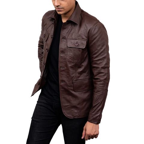 Brown Leather Outerwear For Business Casual, Leather Workwear Jacket With Button Closure, Brown Leather Jacket With Snap Buttons And Lapel Collar, Leather Jacket With Button Closure For Work, Leather Blazer With Snap Buttons For Office, Office Leather Blazer With Snap Buttons, Leather Business Blazer With Snap Buttons, Leather Jacket With Double Button Closure For Winter, Leather Blazer With Snap Buttons And Lapel Collar