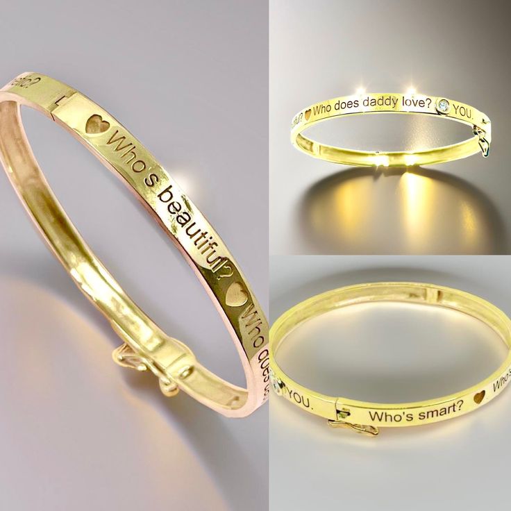 LOVE PHRASES BRACELET Introducing the "Love Phrases" Bangle Bracelet, an iconic design, hand crafted from 14 Karat Solid Yellow Gold. A Hinge and Clasp with safety catch secures the bracelet on the wrist and the smooth, high polish, finish accentuates the personalized touches. What sets this bangle apart is the ability to add your own personal & meaningful words or phrases, carefully carved into the bracelet’s surface and separated by symbols OR even Diamonds or Gems of your choice that hold per Luxury White Gold Name Bangle Bracelet, Luxury Gold Bangle For Anniversary, Promise Yellow Gold Bangle Jewelry, Yellow Gold Promise Bangle Jewelry, Yellow Gold Promise Bangle, Luxury Round Promise Bracelet, Gold Bangle Bracelets For Promise, Gold Bracelets With Polished Finish For Promise, Gold Bracelet With Polished Finish For Promise