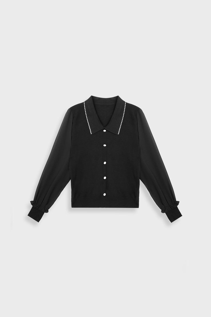 This professional women's blouse features a lapel collar with contrast trim, button detailing, and long sleeves. Made of 100% acrylic and available in both black and white. Fit Type: Regular Fit How it Fits: No Stretch Fabric: 100% Acrylic Care Instructions: 1.Hand Wash 2.Do not bleach 3.Dry flat in shade 4.Iron cool (max 110â„? 5.Dry clean, tetrachloroethylene(PCE) only Please note: The images represent actual product though color of the image and product may slightly differ. 2.How To Measure It Model is wearing: F SKU: 2104AA0555BKFSKU: ${data.sku} Black Tops With Contrast Trim Collar, Black Top With Striped Collar For Winter, Black Winter Top With Striped Collar, Winter Black Top With Striped Collar, Classic Long Sleeve Winter Blouse, Black Collared Top With Striped Collar, Black Tops With Contrast Collar For Spring, Fall Long Sleeve Outerwear With Striped Collar, Fall Outerwear With Striped Collar And Long Sleeves