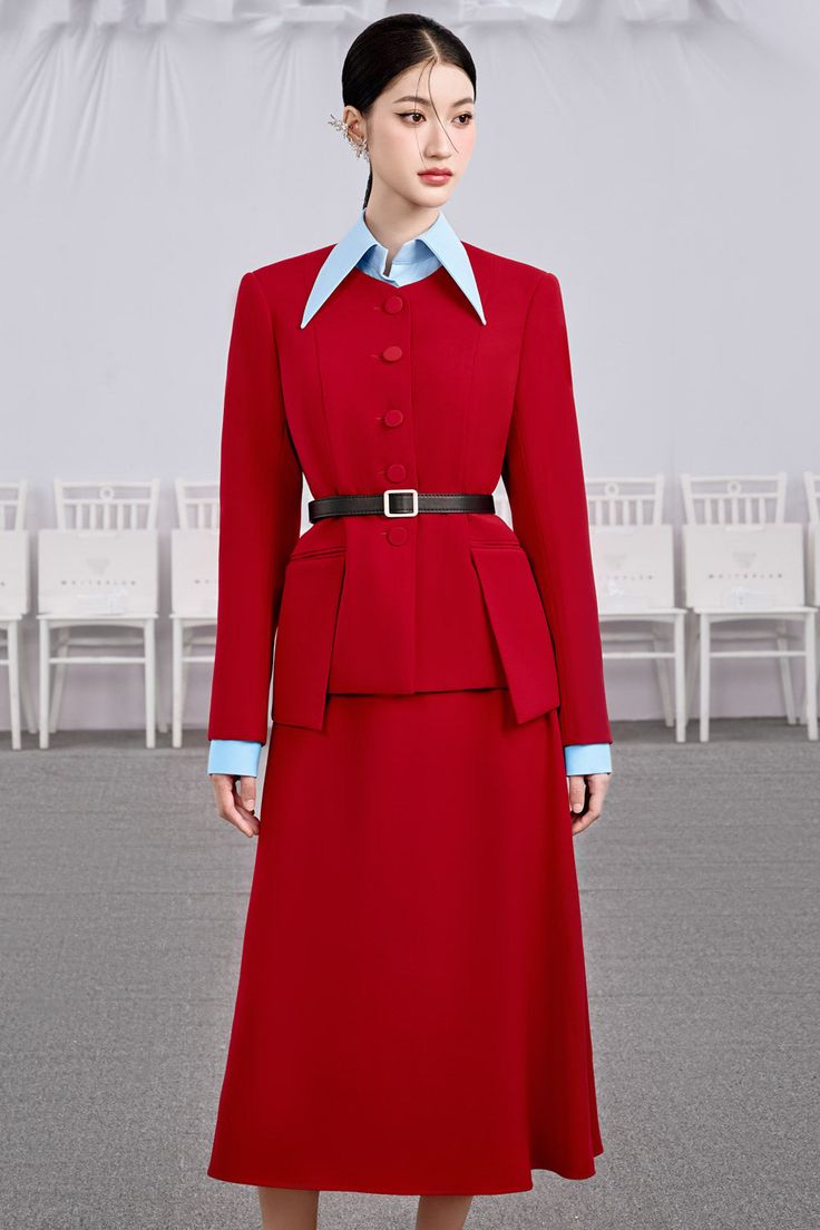 Tailored Long Sleeve Office Wear Sets, Classic Long Sleeve Office Sets, Tailored Long Sleeve Sets For Semi-formal Occasions, Classic Long Sleeve Semi-formal Sets, Classic Long Sleeve Business Sets, Luxury Long Sleeve Office Suit, Classic Business Sets With Long Sleeves, Elegant Red Formal Skirt Suit, Luxury Office Suits