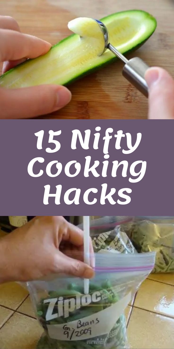 a person cutting up some food on top of a wooden table with the words 15 nifty cooking hacks