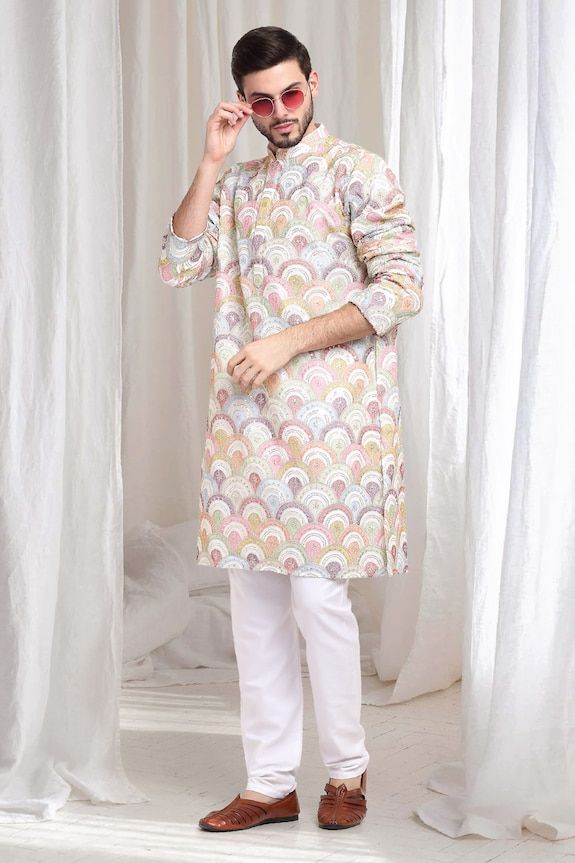 Ivory kurta with multi color sequins and thread embroidery. Paired with solid churidaar. - Aza Fashions Designer White Kurta With Dabka Detailing, Designer White Dabka Kurta, Multicolor Wedding Kurta With Mirror Work, Semi-stitched Off White Kurta For Festivals, White Churidar With Dabka For Festivals, Bollywood Style Chanderi Sherwani With Multicolor Embroidery, Off White Semi-stitched Kurta For Festivals, White Bollywood Kurta For Festive Occasions, White Dabka Churidar For Festivals