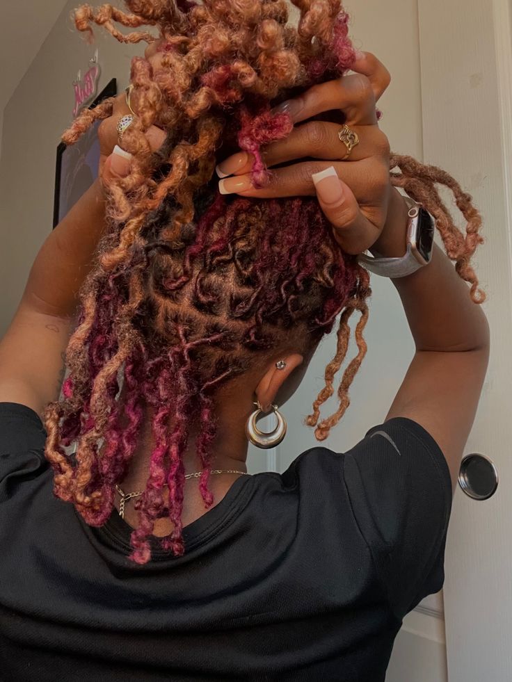 Cute Colors To Dye Your Locs, Pb J Hair Color Locs, Purple And Ginger Locs, Locs Colors For Women, Loc Colors Ideas, Pb J Locs, Dyed Dreads Women, Red And Blonde Hair Color Locs, Brown And Pink Locs Black Women