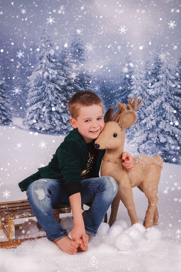 a young boy sitting on a bench with a stuffed reindeer in front of snow covered trees