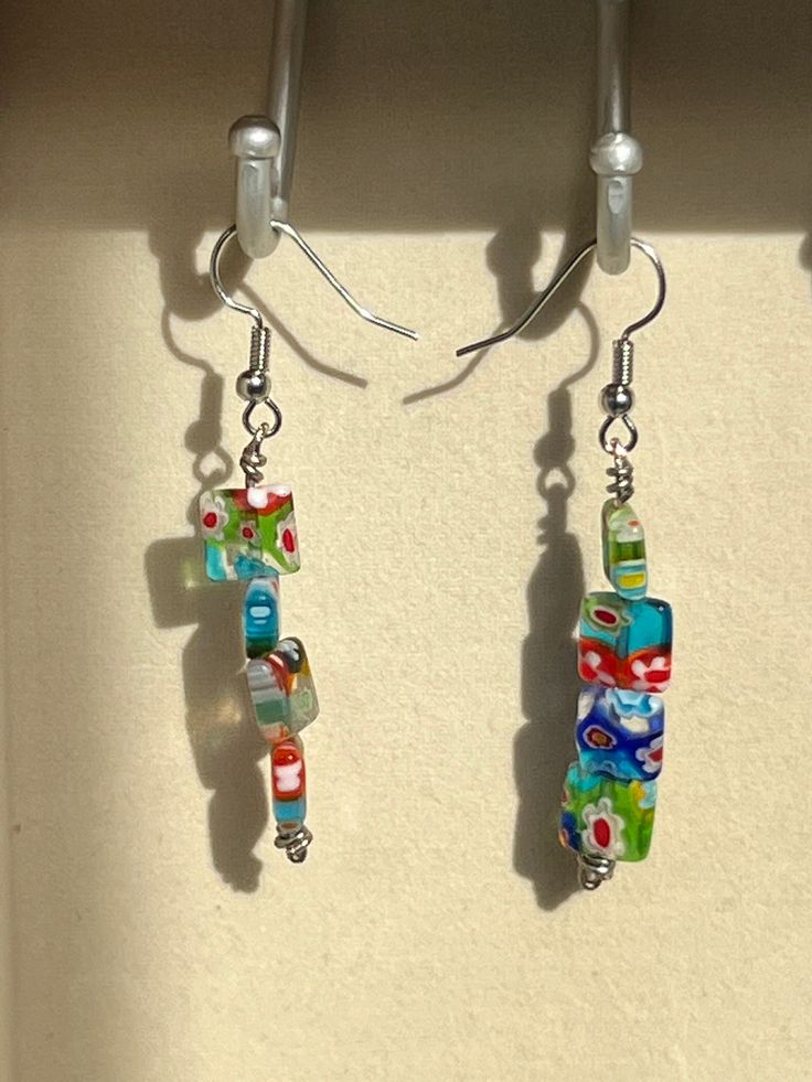 rainbow retro style square earrings with flowers, nickel free, light weight Square Multicolor Earrings For Gift, Retro Rainbow Earrings For Gift, Retro Rectangular Earrings For Gift, Handmade Rectangular Retro Jewelry, Colorful Retro Earrings For Gift, Colorful Retro Earrings For Gifts, Rectangular Rainbow Jewelry For Gifts, Nickel-free Multicolor Rectangular Earrings, Retro Multicolor Flower Earrings For Gift