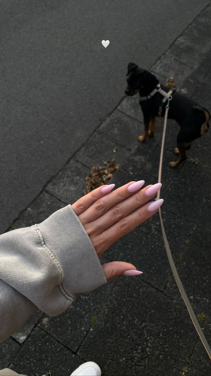 Short Nails Ideas Elegant, Light Pink Pointy Almond Nails, Milky Pink Stiletto Nails, White Pink Almond Nails, Pink Long Almond Acrylic Nails, Single Color Almond Nails, Gel X Neutral Nails, Bar Outfit Inspiration, Trendy Almond Nails Spring