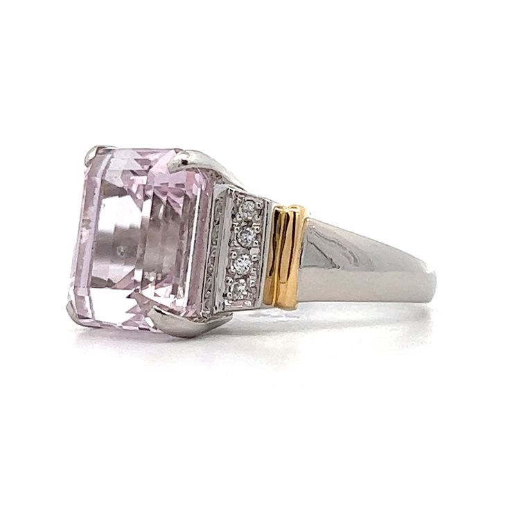 The star of this show is a stunning 9.64 carat emerald cut Kunzite. The soft pink hue of the center stone make it easy to accessorize. Adding to the glamour are six sparkling natural round brilliant cut diamonds, three on each side of the center stone. The platinum setting provides a polished backdrop for the Kunzite while and the 18 karat yellow gold accents on the shoulders add a touch of warmth to the overall design. Luxury Pink Diamond Ring For Formal Occasions, Luxury Pink Diamond Gemstone Ring, Dazzling Pink Emerald Cut Ring, Luxury Pink Diamond Ring With Center Stone, Luxury Pink Rings With Brilliant Cut, Luxury Pink Rings With Center Stone, Pink Luxury Rings With Center Stone, Exquisite Pink Rings With Diamond Accents, Luxury Pink Brilliant Cut Rings