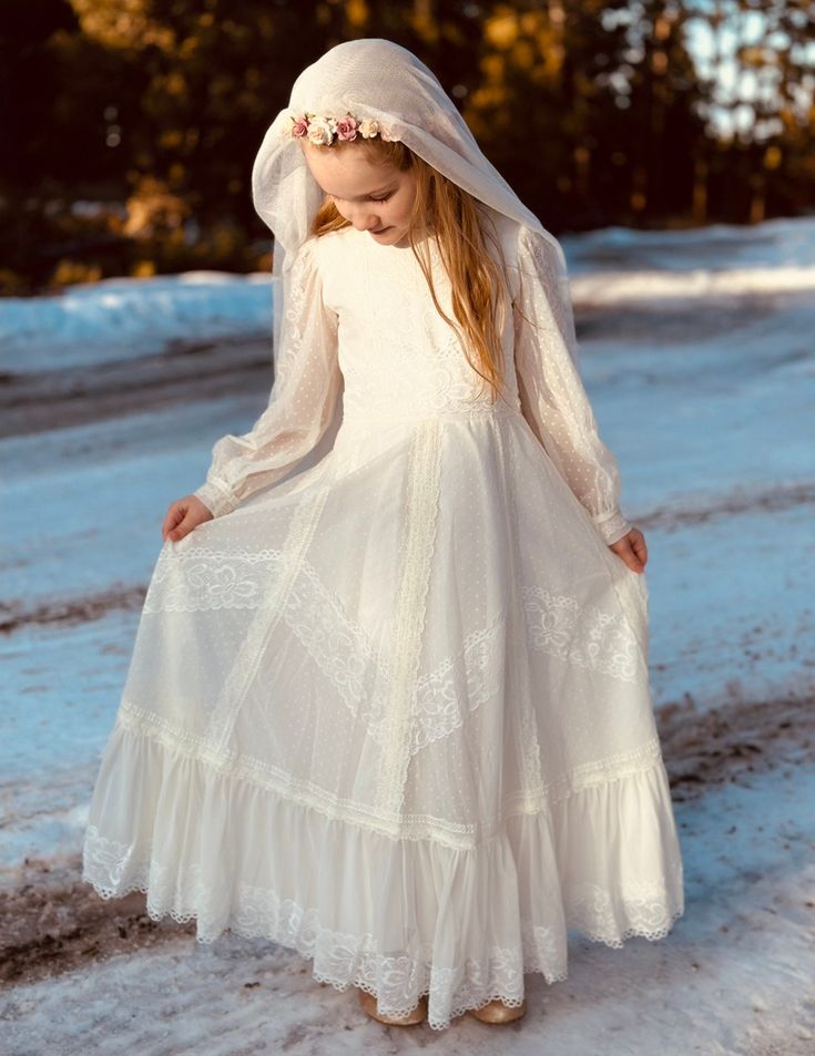 First Holy Communion Dress Long Sleeve / Veil - Certificated  Italian Factory Lace - Fully Lined - Light Ivory Color Finding the perfect First Communion dress for your child's special day can be an exciting yet daunting task. You want a dress that is not only beautiful but also appropriate for the occasion. Look no further, as we have a stunning collection of First Communion dresses, including those with long sleeves, that will make your little one feel like a princess on her First Holy Communion. Our selection of 1st Communion dresses is carefully curated to ensure that each dress meets the highest standards of quality and design. Whether you prefer a traditional style or something more modern, we have options to suit every taste and preference. Vintage First Communion Dresses, First Communion Dresses Catholic, 1st Communion Dresses, Holy Communion Dresses, Lace Flower Girl Dress, Communion Cakes, First Communion Dress, Catholic Kids, First Communion Dresses