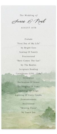 the wedding program is shown in green and white watercolors, with an abstract background