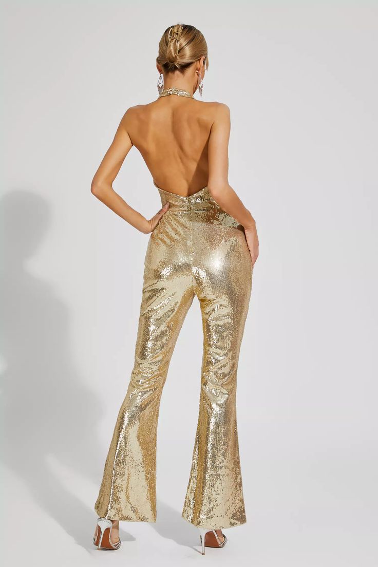 Gold Disco Outfit, 70s Glamour, Disco Fashion, 70s Inspired Fashion, Sequin Halter, Sequin Jumpsuit, Halter Jumpsuit, Disco Outfit, Gold Sequins