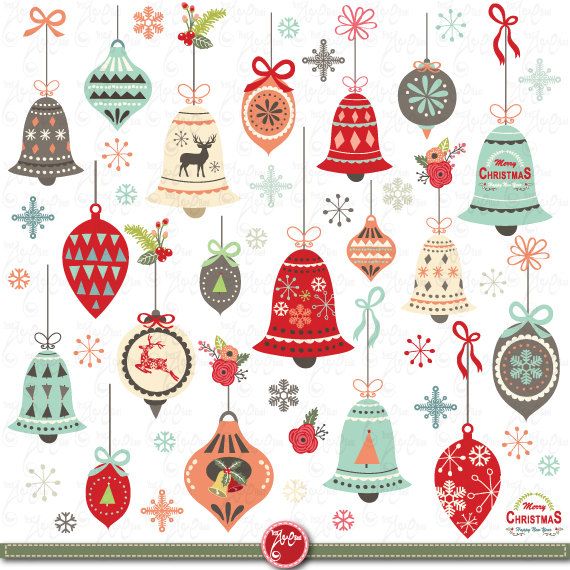 an assortment of christmas ornaments hanging from strings and decorations on a white background with snowflakes