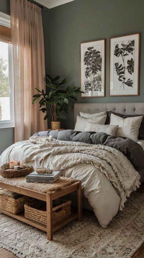 a large bed sitting in a bedroom on top of a wooden floor next to a window