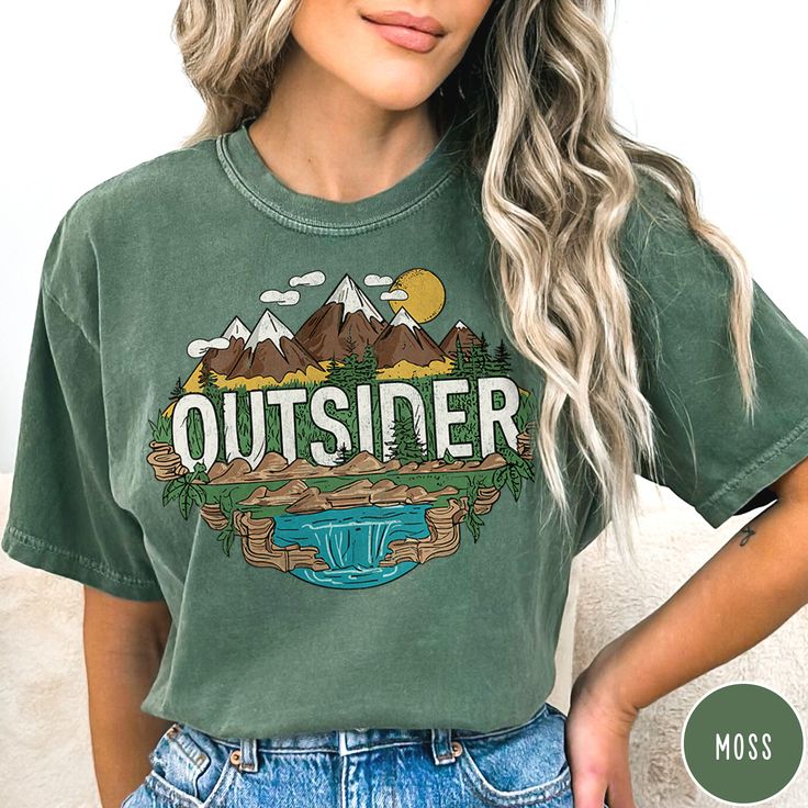 "Celebrate being an \"Outsider\" with this perfect gift for the nature lover in your life! Great for hiking, camping, or just celebrating the great outdoors! The Comfort Colors 100% preshrunk cotton fabric has that comfy, lived-in feel, that's like a hug every time you put it on! Now you can take a bit of the outdoors with you wherever you wander! Grab one while you can, and hit the trail! PLEASE NOTE This is a standard unisex size Comfort Colors Tee. For an oversized tee, please size up. If you are looking for an oversized \"T-shirt Dress\" look, we recommend sizing up 2 sizes. Please review the size chart to ensure you receive the fit you want.---Unisex Crew Neck----- *Product Description - Custom Colors Unisex 1717 Garment Dyed t * 100% ring spun cotton soft washed garment dyed fabric d Outdoorsy Gifts, National Park Shirt, Mountain Shirt, Hiking Shirt, Hiking Shirts, Tree Shirt, Comfort Colors Tee, Camping Shirt, Trendy Tshirts