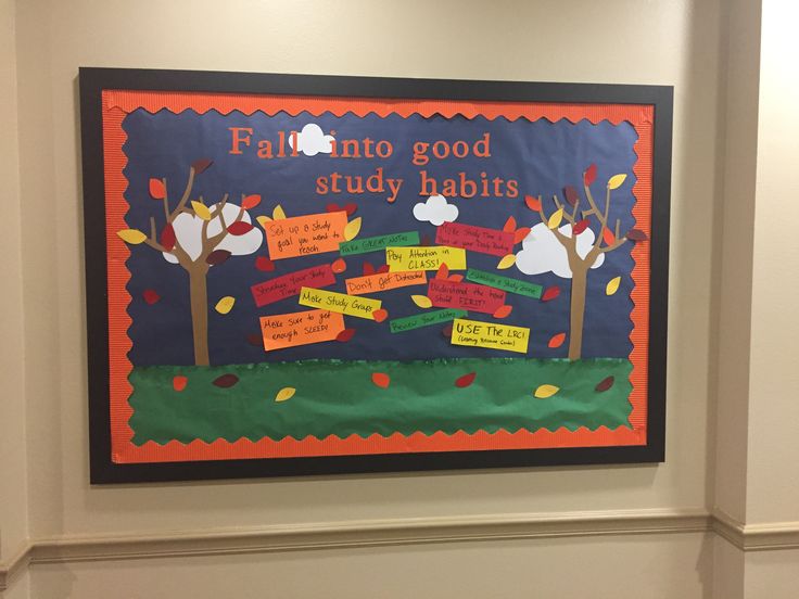 a bulletin board with writing on it that says fall into good study babies and trees