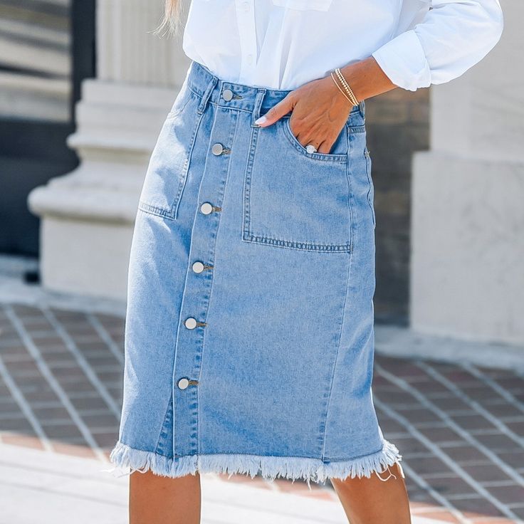 The Denim Front Button Frayed Midi Skirt is a trendy and stylish choice that combines the timeless appeal of denim with modern design elements. The front button closure and frayed detailing add a touch of edginess, while the midi length ensures a flattering and versatile fit. Whether you're aiming for a casual or dressed-up look, this skirt can be easily incorporated into various outfits, making it a versatile addition to any wardrobe. Product code: CAA02B4F006SS Non-stretch Denim Skirt With Button Closure For Spring, Non-stretch Denim Skirt With Button Closure, Non-stretch High Waist Denim Skirt With Button Closure, Denim Blue Bottoms With Button Closure For Day Out, Mid-rise Denim Blue Skirt With Button Closure, Denim Blue Mid-rise Skirt With Button Closure, Cotton Denim Skirt With Button Zip Fly, High Waist Buttoned Denim Skirt For Fall, Denim Blue Cotton Denim Skirt With Button Zip Fly