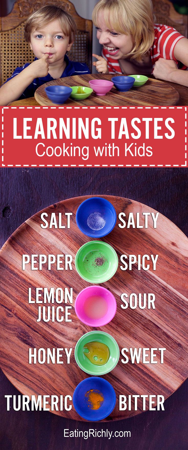 two children sitting at a table with plates and spoons in front of them, the words learning tastes cooking with kids