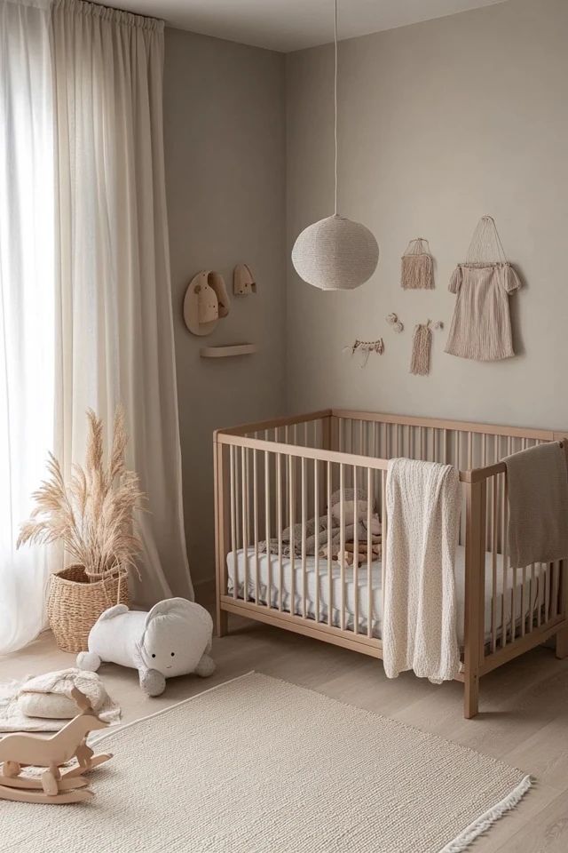 a baby's room with a crib, teddy bear and rugs on the floor