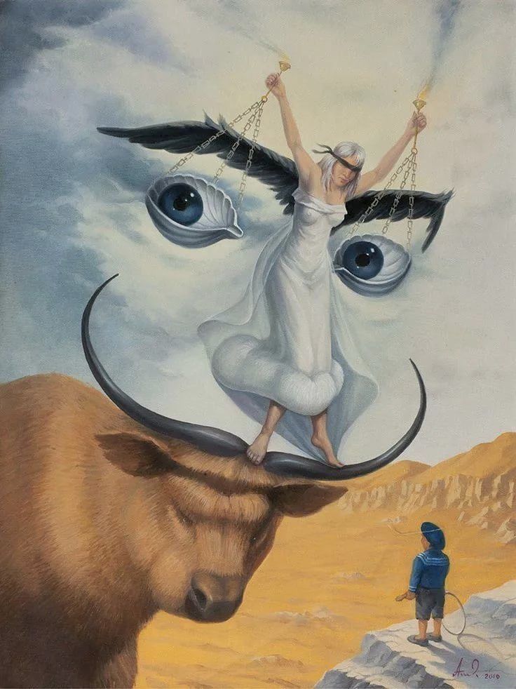 a painting of a woman standing on top of a bull's head with an eye in the sky