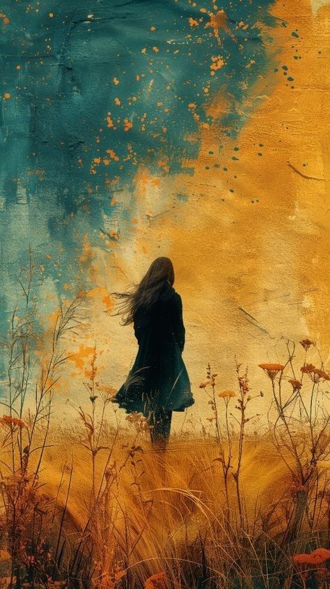 a painting of a woman walking through a field