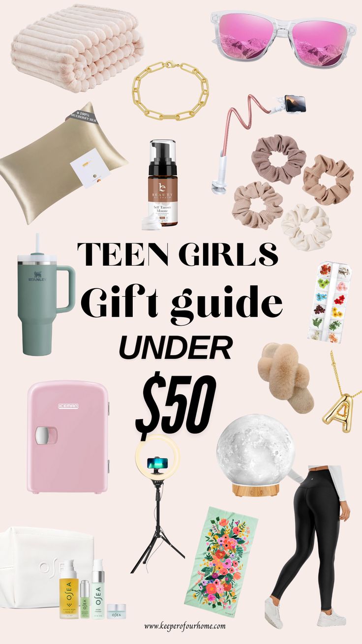 the ultimate gift guide for under $ 50 is on display in front of a pink background