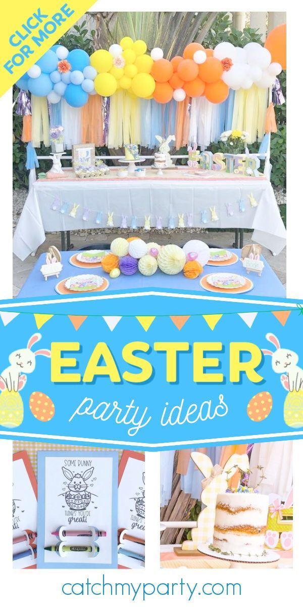 an easter party with balloons, cake and desserts on the table is featured in this collage