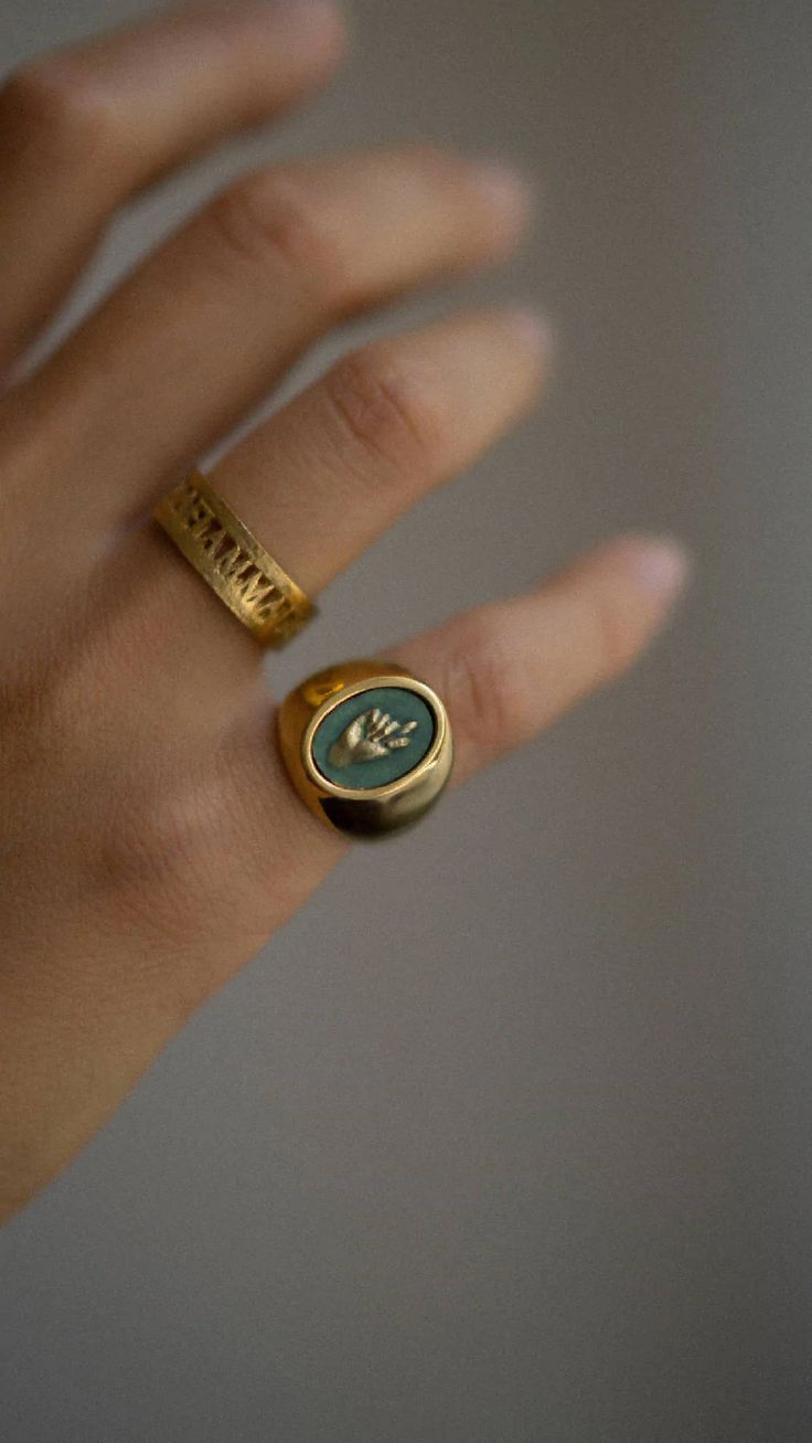 Signet ring is a wearable form of identification and communication. It underlines the belonging of its owner to a secret society and/or involvement in specific knowledge as well as a powerful personal message to the surroundings.Signets are made of 24 k gold plated bronze. Patinated planes are featuring five ancient ha Pinky Signet Ring, Signet Rings Women, Mens Rings Fashion, Secret Society, Girly Jewelry, Dream Jewelry, Jewelry Inspo, Men's Rings, Signet Ring