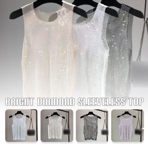 Top Seller for Shiny Bling Crystal Diamond Fishnet Vest Tank Top Tee Cocktail Party Clubwear, Womens Tops Fitted Sequin T-shirt For Summer, Fitted Sequin Mesh Top For Summer, Fitted Disco Top For Summer, Fitted Disco Tops For Summer, Fitted Disco Style Summer Tops, White Stretch Party Top, White Stretch Top For Party, Elegant White Club Top, Fitted White Party Top