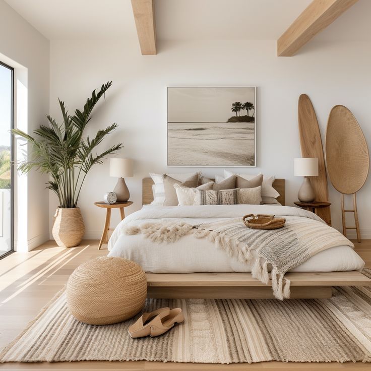 a bedroom with white walls and natural wood flooring is furnished with modern furniture, including a large bed