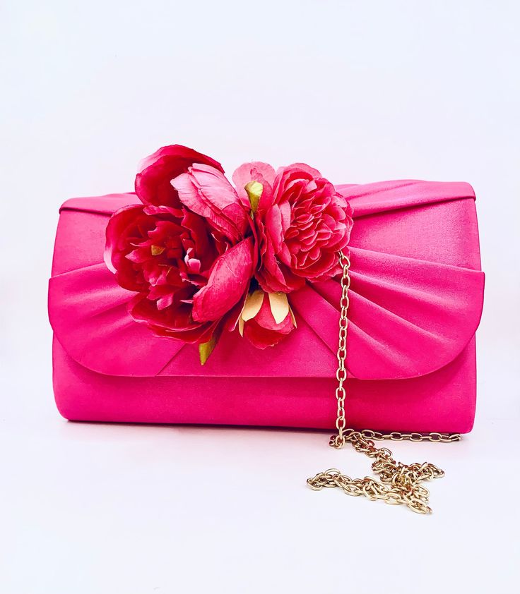 Stunning Satin Hot Pink Fuscia Peony Mixed Flower Embellished Bridal Wedding Clutch Bag with Gold Chain Luxurious Satin Finish Very Elegant Perfect Wedding Day Clutch Bag  Size Approx. 27cm x 14cm x 7cm Pink Flower-shaped Party Bag, Pink Flower-shaped Wedding Bag, Wedding Clutch Bag, Wedding Handbag, Clutch Bag Wedding, Wedding Bags, Wedding Clutch, Accessories Bags Purses, Wedding Bag