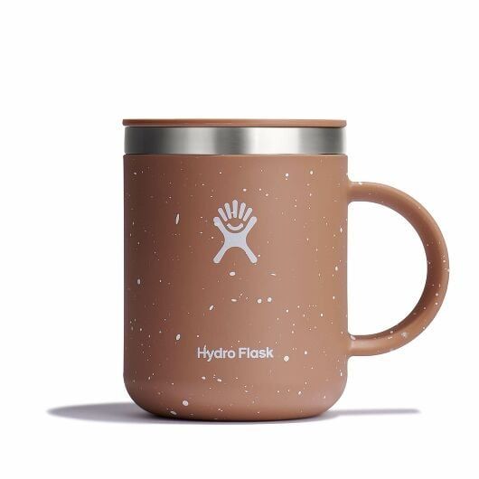 the hydro flask coffee mug is brown with white speckles