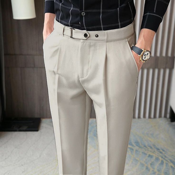 Season:Spring  Summer; Gender:Men's; Style:Vintage,Elegant; Occasion:Daily,Business; Function:Soft,Comfort; Waistline:High Waist; Pattern:Solid Color; Design:Pocket,High Rise; Pants Type:Dress Pants,Gurkha Pants,Suit Pants,Pleated Pants,Trousers; Fly Type:Zipper,Button; Front page:FF; Listing Date:06/21/2022; Hips:null; Length:null; Waist:null Semi-formal Stretch Pants With Pockets, Fitted Solid Color Dress Trousers, Solid Color Fitted Dress Pants, Fitted Ankle-length Solid Color Pants, Non-stretch Business Pants With Pockets, Business Non-stretch Pants With Pockets, Non-stretch Business Dress Pants, Slim Fit Solid Color Summer Pants, Slim Fit Solid Pants For Summer