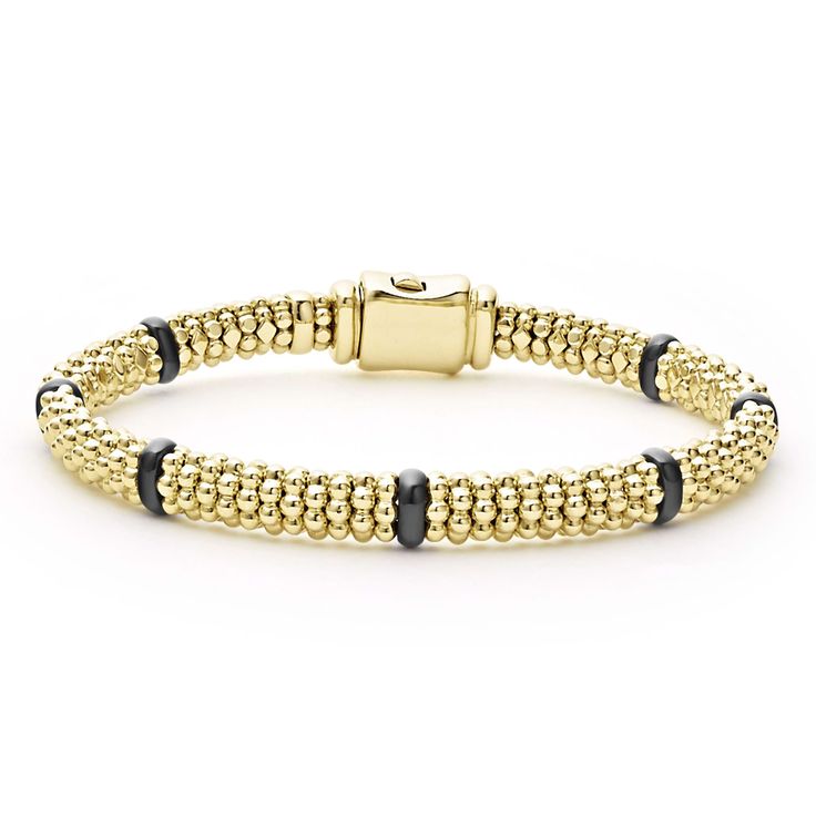 Seven smooth black ceramic stations highlight 18k gold Caviar beading on this signature bracelet. Signature Bracelet, Black Caviar, Engraved Items, Black Ceramic, Bracelet Sizes, Special Events, Gold Jewelry, Beading, 18k Gold