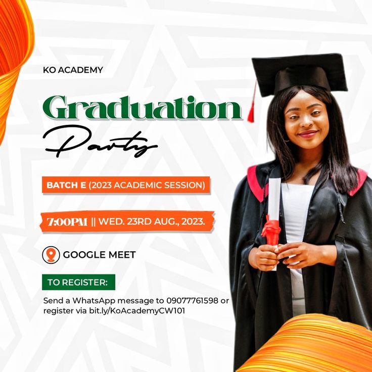 a woman in graduation cap and gown standing next to an orange ribbon with the words graduation day on it