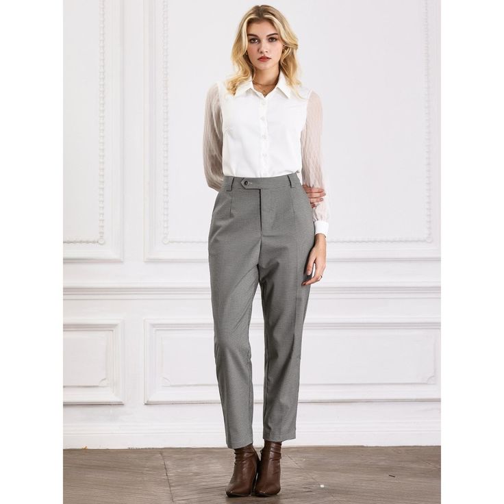 Keep your look professional and stylish in this pant from Hobemty featuring a houndstooth printed slant pocket button closure long length. Pair with solid shirts and high heels for a vintage office look. Focused on Ladies' Semi-Formal Wear - This pant can be a perfect addition to almost any outfit from formal to daily wear great for work meeting office businesses work casual daily dressing etc. The material composition is 65% Polyester, 33% Rayon, and 2% Spandex, ensuring a comfortable fit. Mach Business Casual Ankle-length Dress Pants With Button Closure, Professional Office Pants With Welt Pockets, Solid Button-up Pants For Workwear, Office Lady Workwear Pants With Pockets, Office Work Pants With Welt Pockets, Ankle Length, Office Work Pants Ankle-length With Welt Pockets, Ankle-length Work Pants With Welt Pockets For Office, Fall Business Casual Dress Pants With Button Closure, Classic Houndstooth Pants For Business Casual