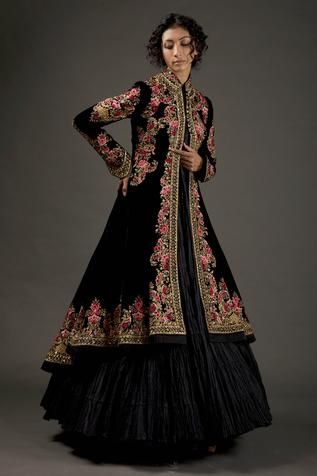 Black silk velvet long jacket with floral resham thread embroidery and hand work. 
Component: 1
Pattern: Embroidered
Type Of Work: Resham Thread Work
Neckline: Mandarin Collar
Sleeve Type: Long Sleeves
Fabric: Silk Velvet; Lining: Silk
Color: Black
Other Details: 
Floral motifs
Pleated hem
Asymmetric hem cut
Multi colored work
Front potli placket
Note: The inner dress worn by the model is not for sale
Occasion: Destination Wedding - Aza Fashions Fancy Maxi Dresses, Long Jacket For Women, Fancy Maxi, Fancy Maxi Dress, Long Jacket Dresses, Long Jackets For Women, Stylish Maxi Dress, Velvet Dress Designs, Maxi Dress Collection